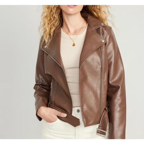 Old Navy Faux-Leather Belted Biker Motor Jacket Espresso Brown Size XXL $75 NWT - Picture 2 of 16